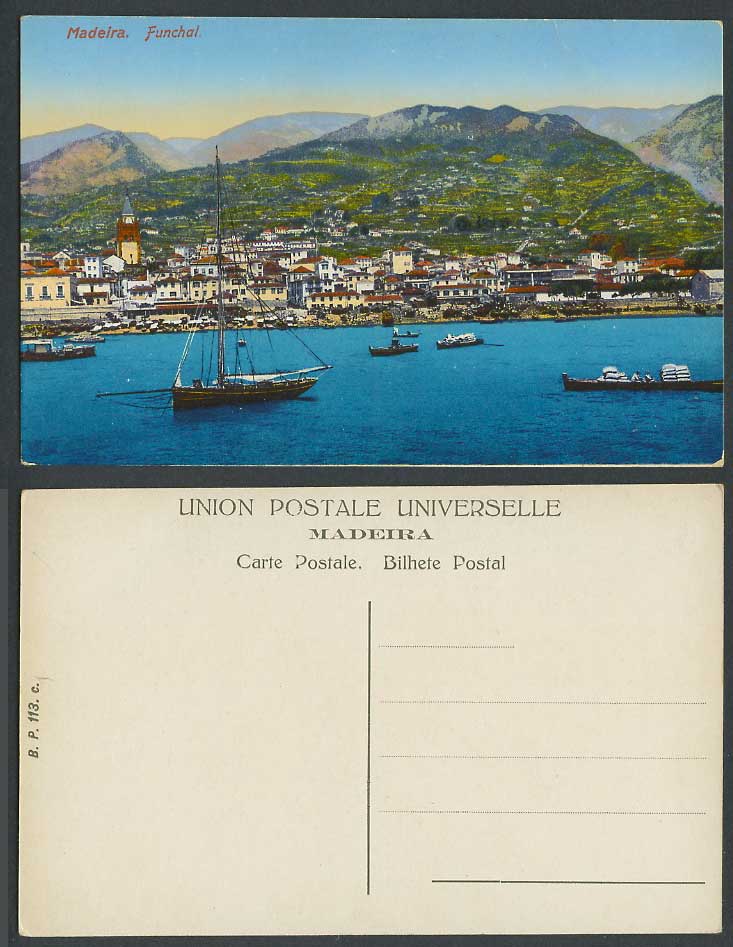 Portugal Old Postcard Madeira Funchal Ships Boats Clock Tower Mountains Panorama