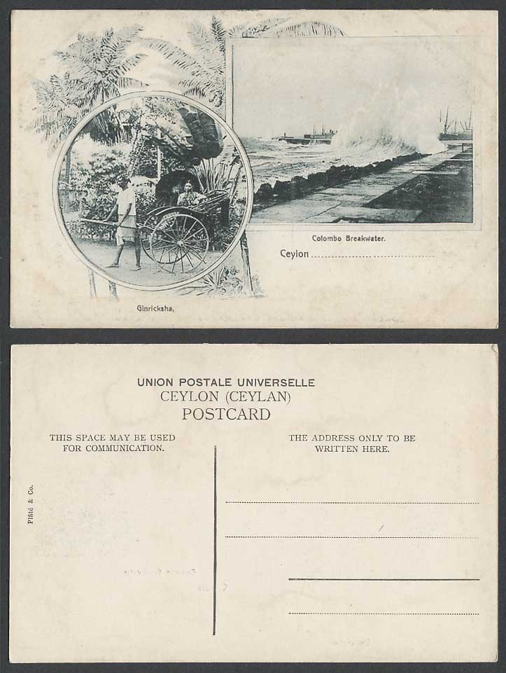 Ceylon c1900 Old Postcard Colombo Breakwater Ship Ginricksha Rickshaw Tamil Lady