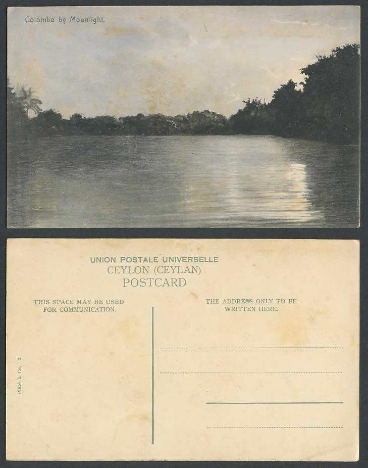 Ceylon Old Postcard Colombo by Moonlight Lake Panorama by Night Plate & Co No. 3