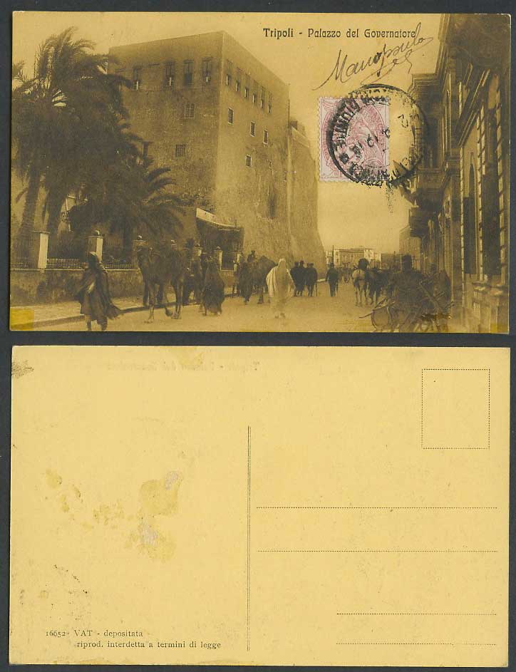 Libya 2c 1919 Old Postcard Tripoli, Palazzo del Governatore, Street Scene Camels