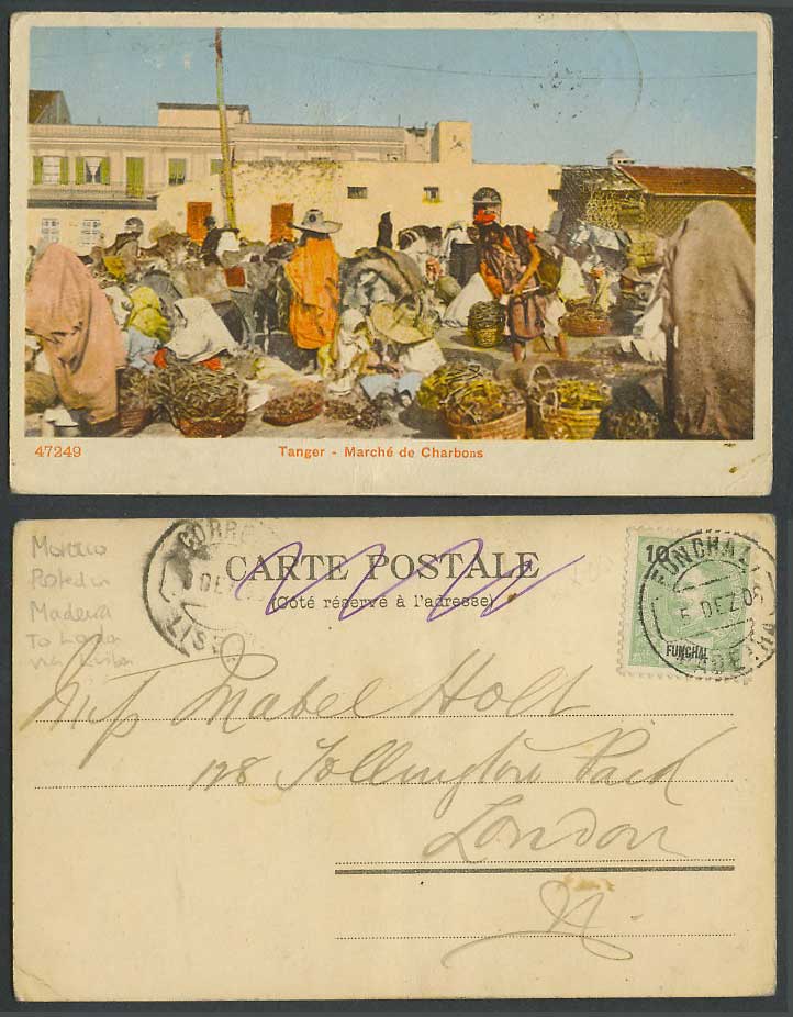 Morocco 10r Funchal 1908 Old UB Postcard Tanger, Marche de Charbons, COAL MARKET