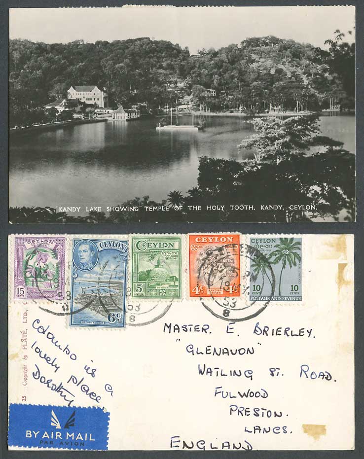 Ceylon KG6 6c 15c 5c 4c 10c 1953 Old RP Postcard Kandy Lake Temple of Holy Tooth