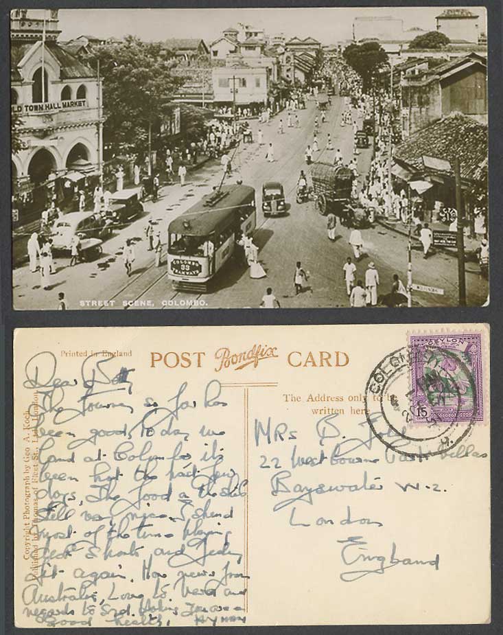 Ceylon V Orchid 15c 1951 Old Postcard Street Scene Colombo TRAM Town Hall Market