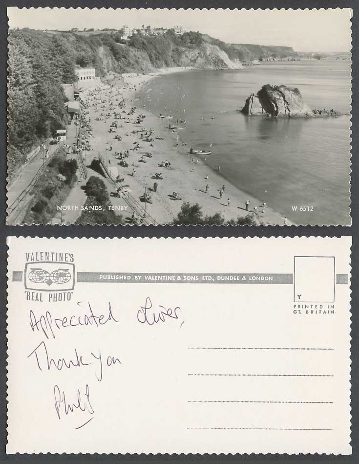 TENBY Old Real Photo Postcard North Sands Beach Goscar Rock Boats Cliffs Seaside