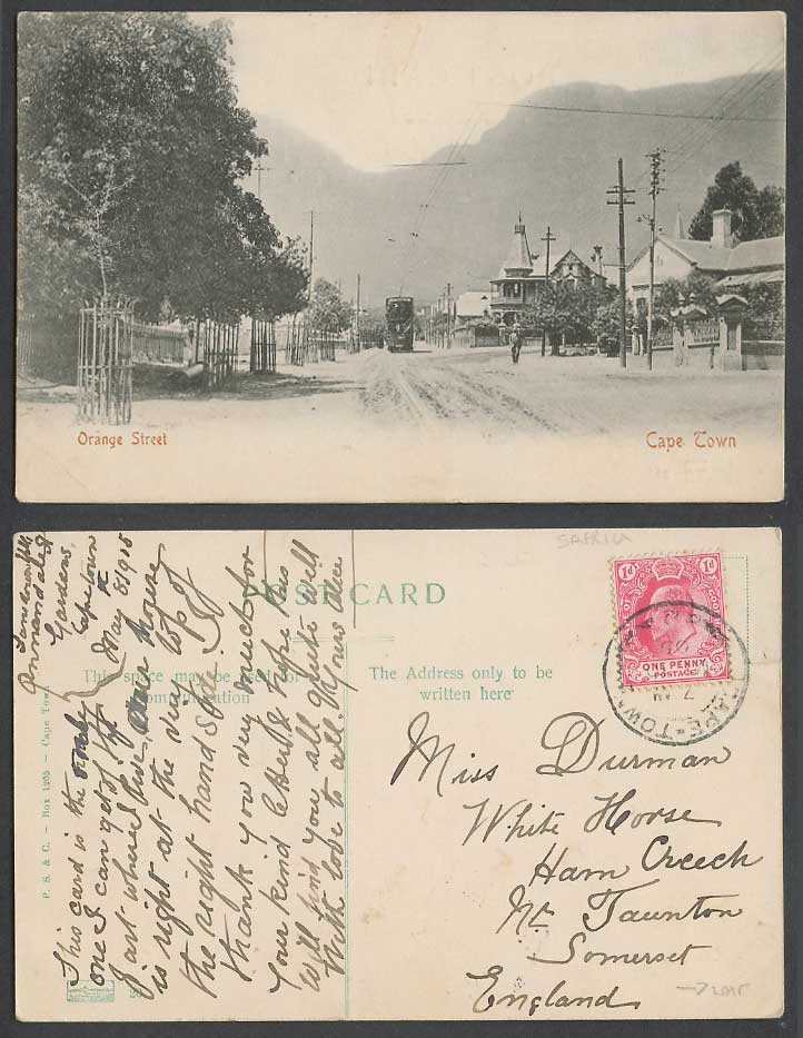 South Africa KE7 1d 1905 Old Postcard Orange Street Scene TRAM Tramway Cape Town