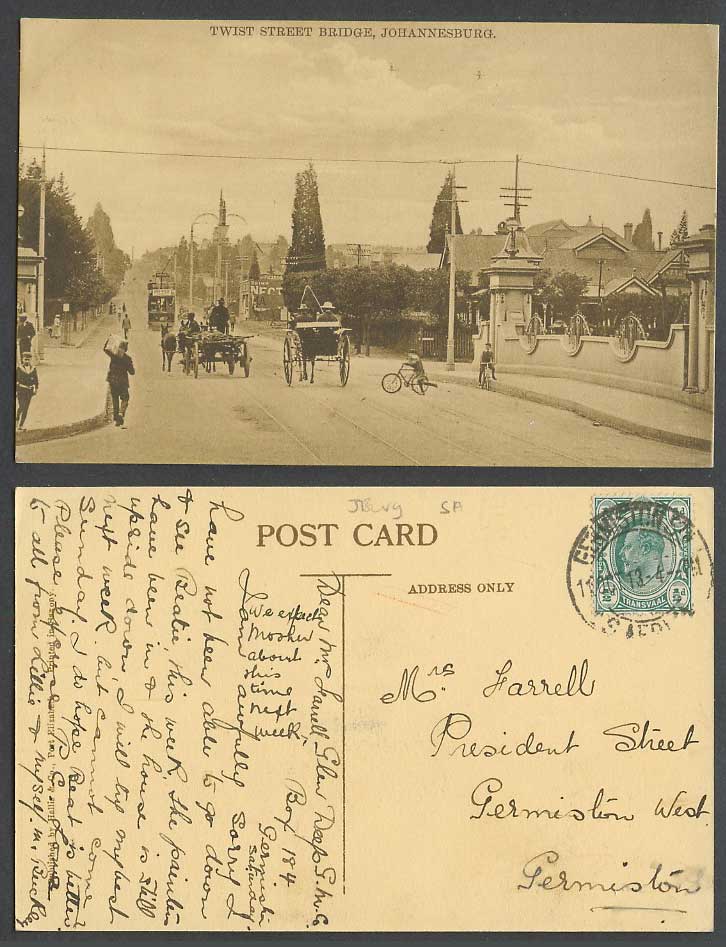 South Africa 1/2d 1913 Old Postcard Johannesburg, Twist Street Bridge, TRAM Bike