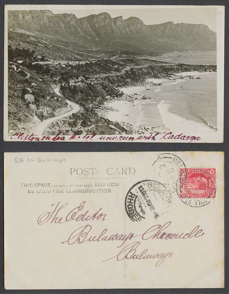 South Africa to Bulawayo Rhodesia KE7 1d 1910 Old RP Postcard Clifton on Sea C T