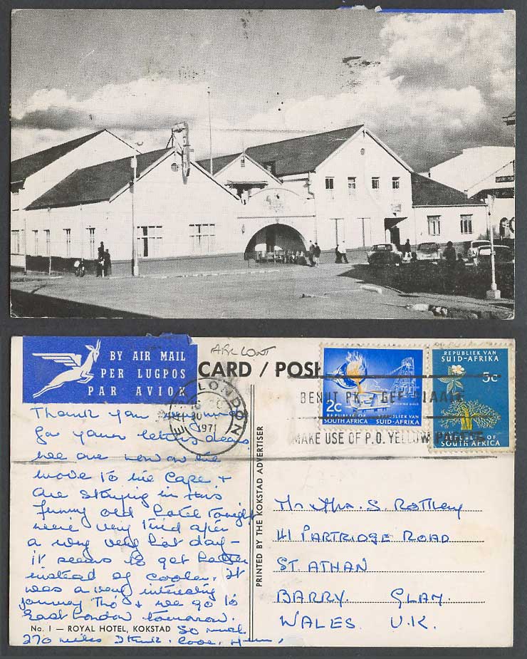 South Africa 2c & 5c 1971 Early Postcard Kokstad, Royal Hotel, Cars, By Air Mail
