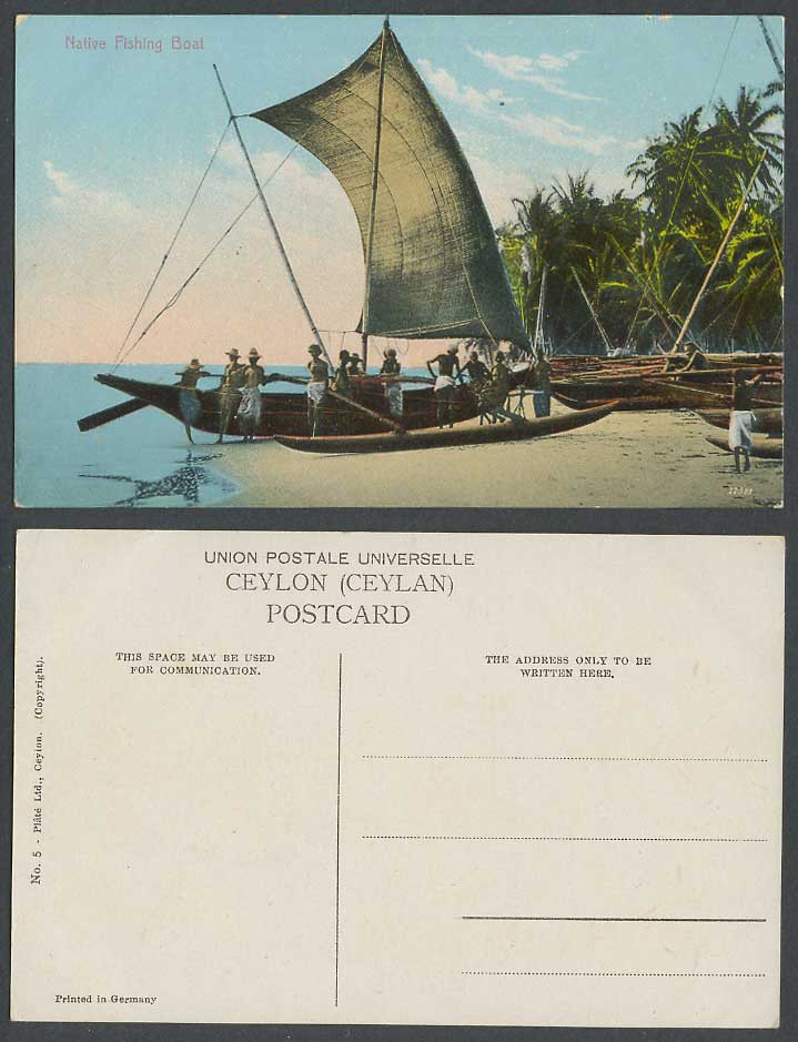 Ceylon Old Postcard Native Fishing Boat Beach Fishermen Fishery Palm Trees Canoe
