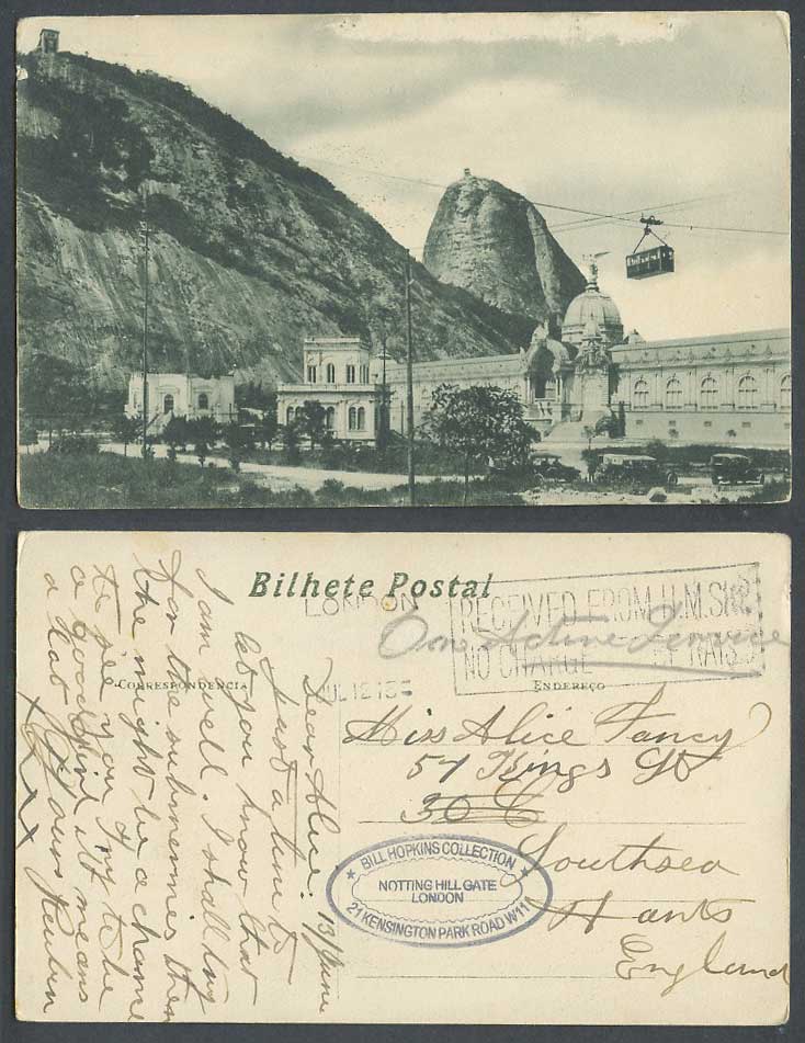 Brazil 1913 Old Postcard Rio de Janeiro Cablecar RECEIVED FROM HM SHIP NO CHARGE