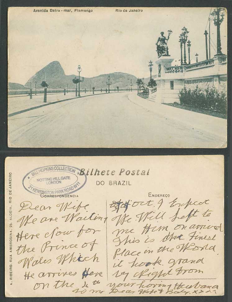 Brazil Old Postcard Rio de Janeiro Avenida Beira-mar Avenue Street Scene, Statue