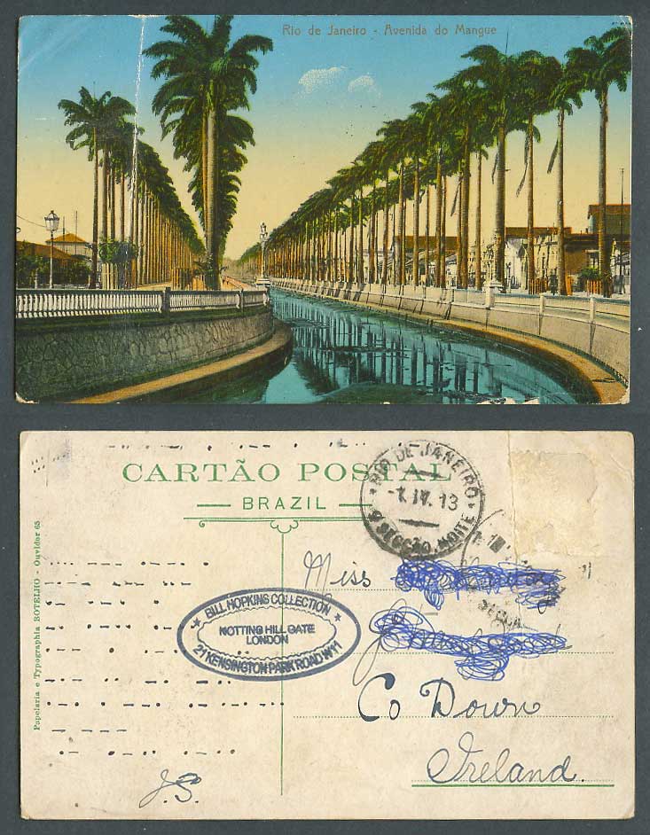 Brazil 1913 Old Postcard Rio de Janeiro Avenida do Mangue Avenue Palm Tree River