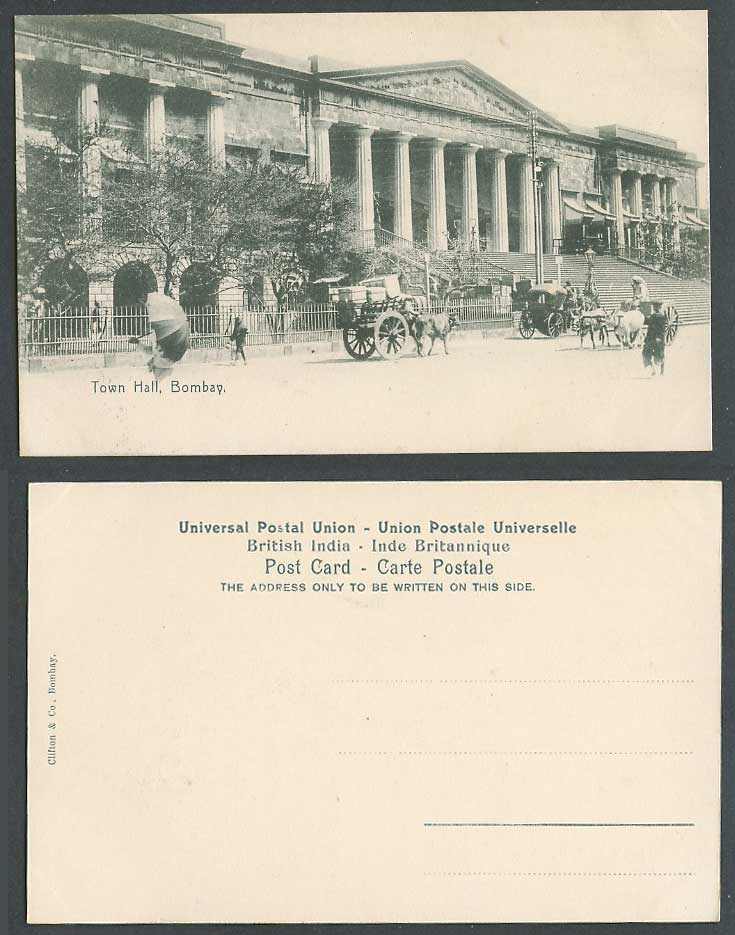India Old Postcard Town Hall Bombay, Bullock Carts, Street Scene Clifton & Co.