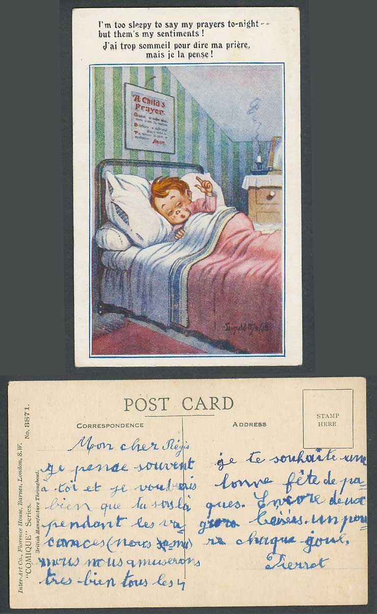 Donald McGill Old Postcard A Child's Prayer too sleepy to say my prayers tonight