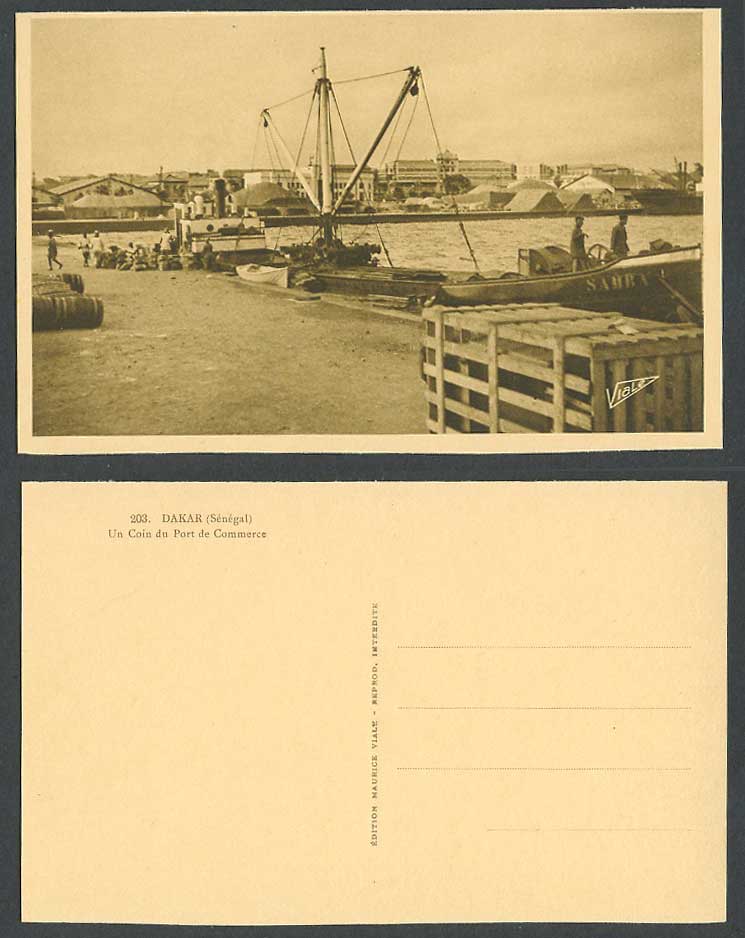 Senegal Old Postcard Dakar Corner of Port de Commerce Harbour SAMBA Boat Barrels