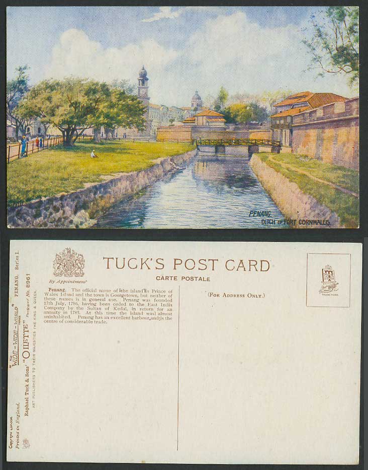 Penang Old Tuck's Oilette Postcard Ditch of Fort Cornwallis Bridge & River Scene