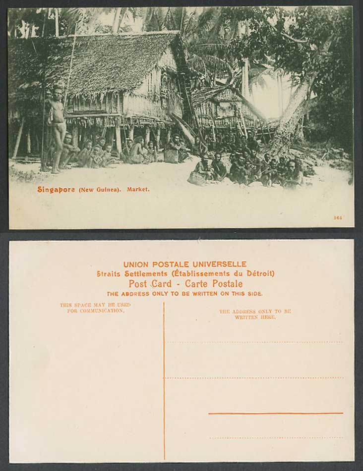 Singapore Old Postcard New Guinea Market, Native Men Children Boys, Houses Huts