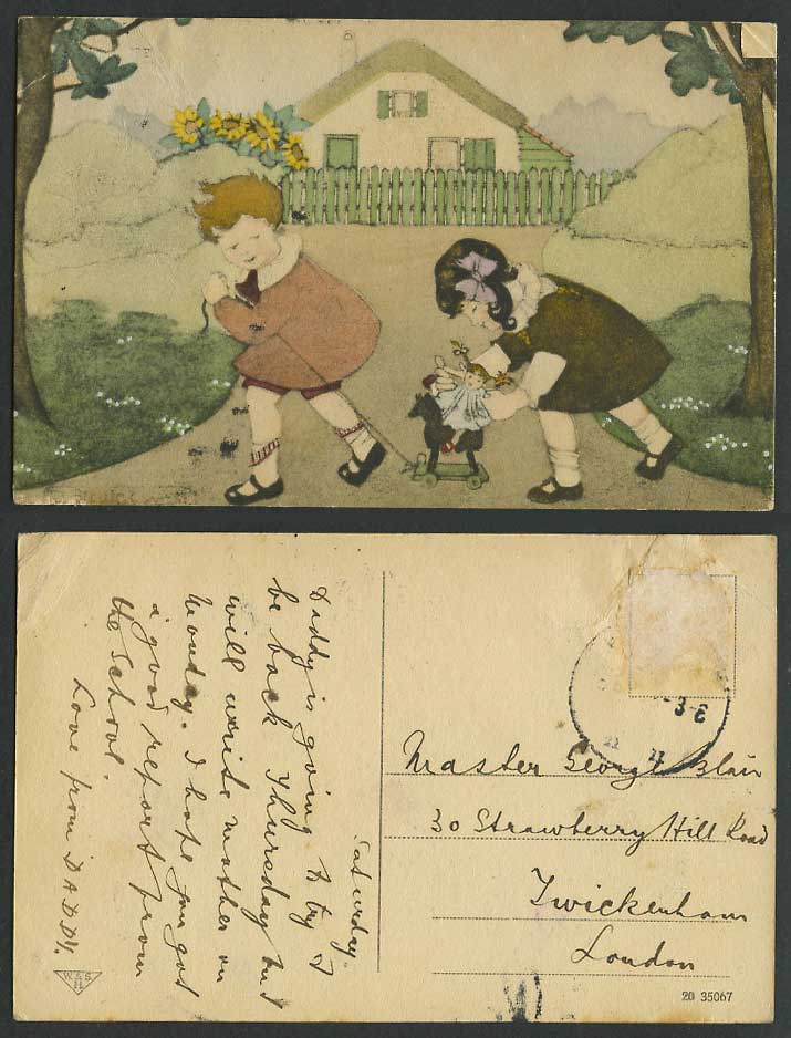 Little Girls at Play Toy Horse Doll Children, Sunflowers House 1907 Old Postcard