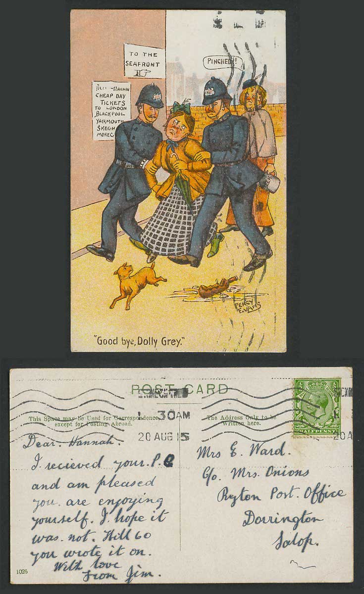 Percy Evans 1915 Old Postcard Police Drunk Woman Pinched Good Bye Dolly Grey Dog
