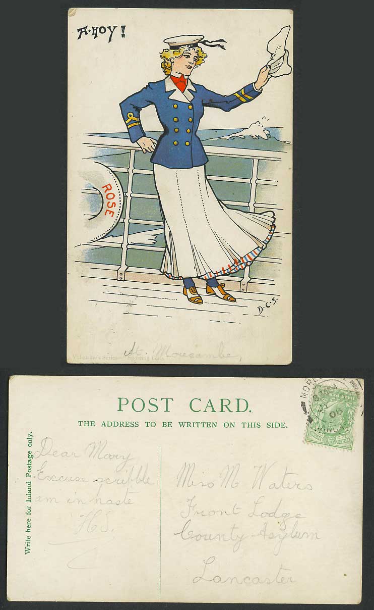 D.C.S. Artist Signed Lady on Board Rose Ship Boat Waving A Hoy 1908 Old Postcard