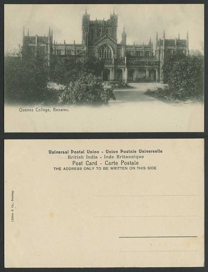 India Old Postcard Queen's College Benares Fountain School, Clifton & Co. Bombay