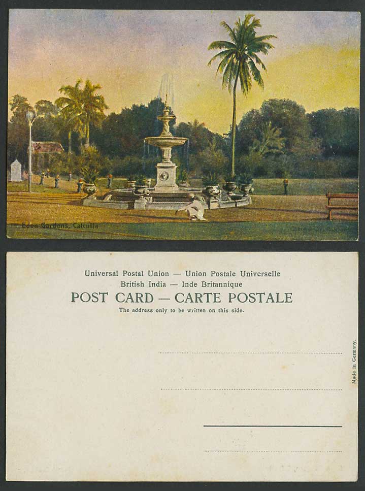 India Old Colour Postcard Eden Gardens Calcutta Fountain Palm Trees a Native Man
