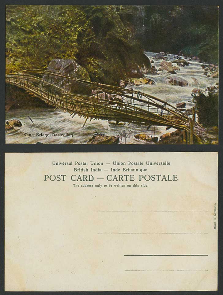 India Old Colour Postcard BALASUN CANE BRIDGE, Darjeeling, River scene & Rocks