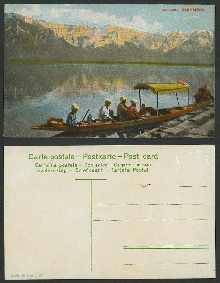 India Old Colour Postcard DAL LAKE Kashmere Native Men on Boat Boating Mountains