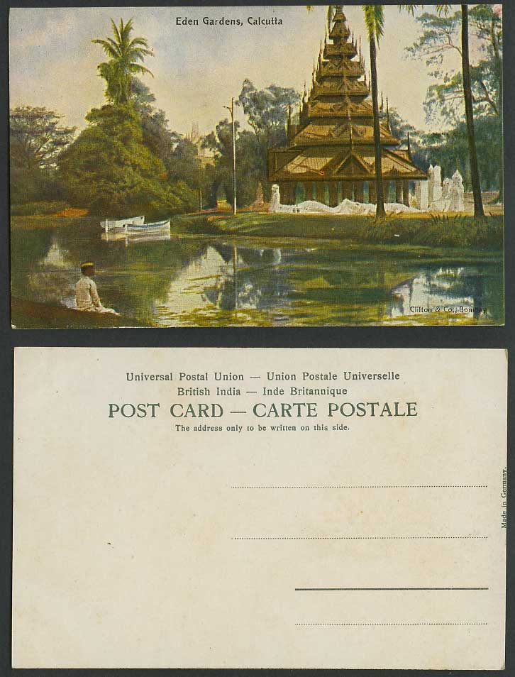 India Old Colour Postcard Eden Gardens Calcutta, Burma Burmese Pagoda Lake Boats