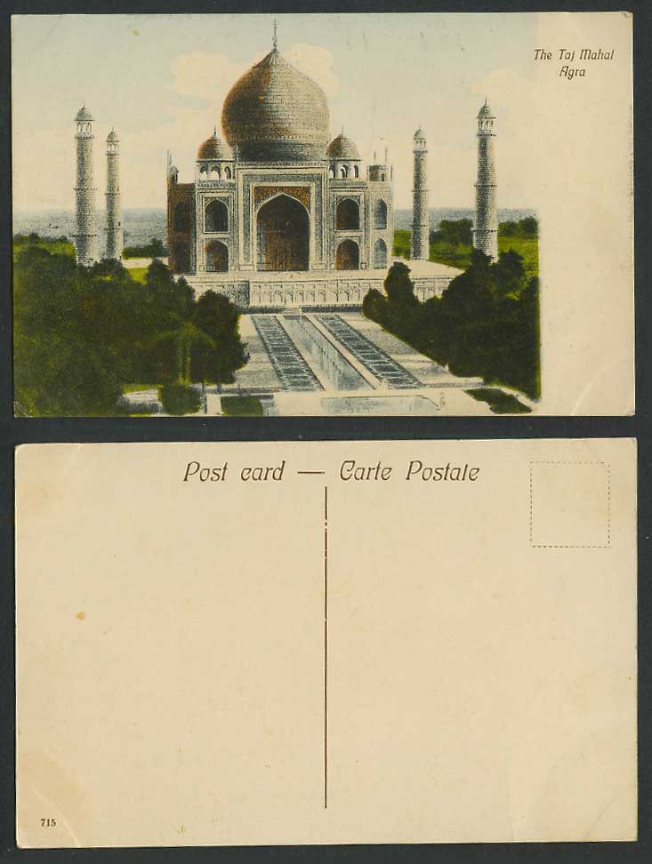 India Old Hand Tinted Postcard TAJ MAHAL AGRA Agra Fountain Gardens Panorama 715