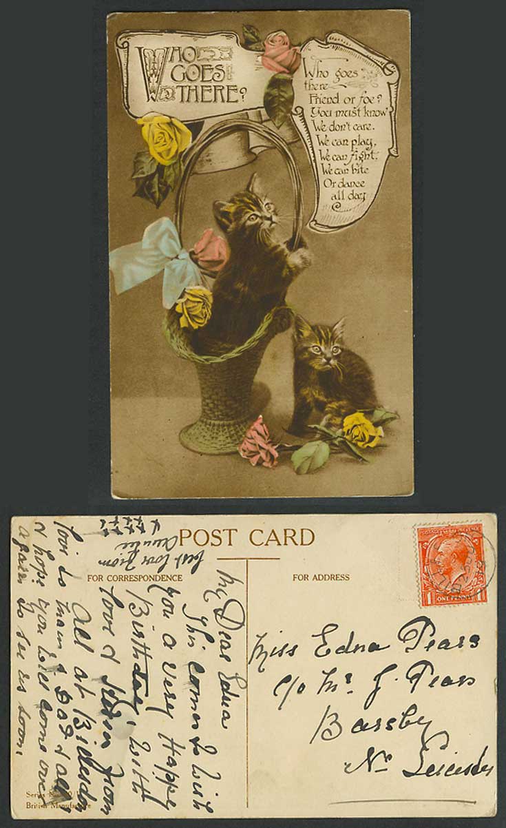 Cats Kittens, Basket Roses Flowers Who Goes There? 1919 Old Hand Tinted Postcard