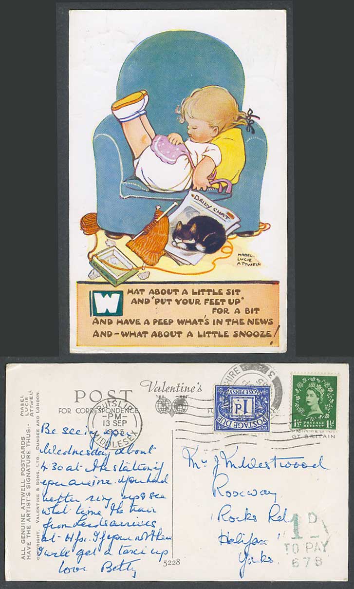 MABEL LUCIE ATTWELL Postage Due 1d 1955 Old Postcard Put Feet up a Bit, Cat 5228