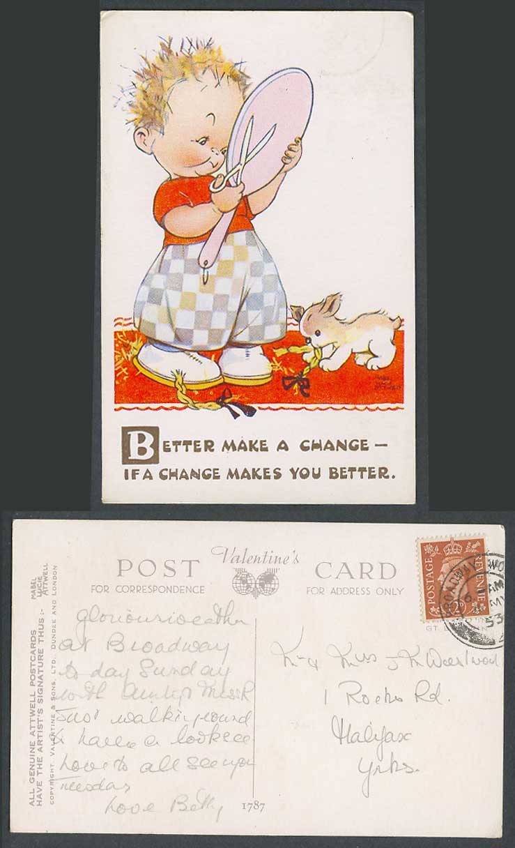 MABEL LUCIE ATTWELL 1953 Old Postcard Dog Make Change if It Make You Better 1787