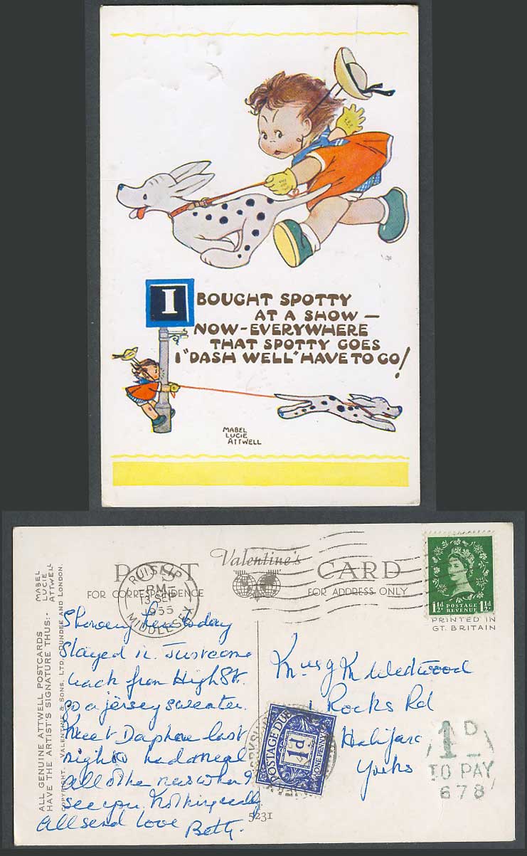 MABEL LUCIE ATTWELL Due 1d. 1955 Old Postcard Dalmatian Dog Bought a Spotty 5231