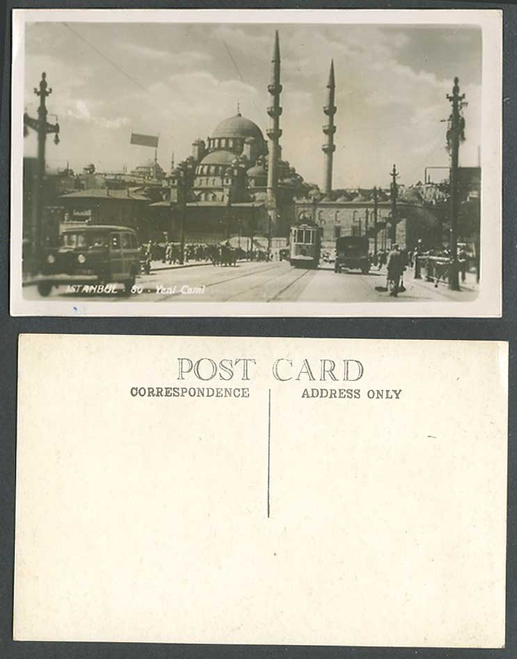 Turkey Old Real Photo Postcard Istanbul Yeni Cami Mosque Street Scene TRAM Cars