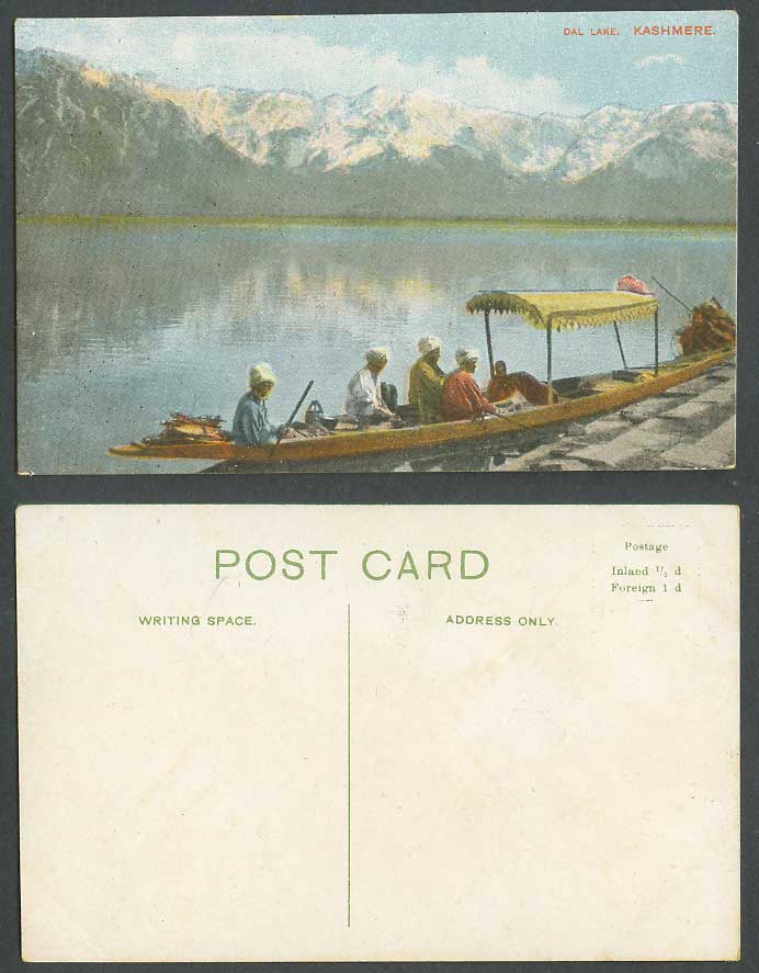 India Old Colour Postcard DAL LAKE Kashmere Native Men Boat Boating Snowy Mts.