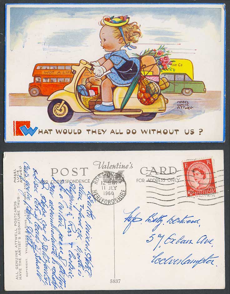 MABEL LUCIE ATTWELL 1960 Old Postcard Girl Riding Scooter Groceries Bus Car 5837