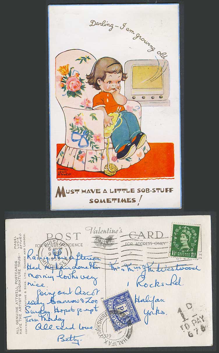 MABEL LUCIE ATTWELL Postage Due 1d 1955 Postcard I am Growing Old Sob-Stuff 5319