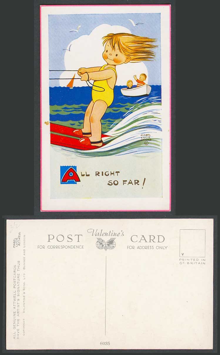 MABEL LUCIE ATTWELL Old Postcard Girl Water Skiing Ski Surfing Surfer Boats 6035