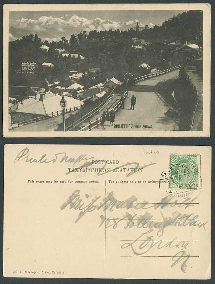 India Ke7 1/2a 1910 Old Postcard Darjeeling with Snows, Street Scene, Snowy Mts.