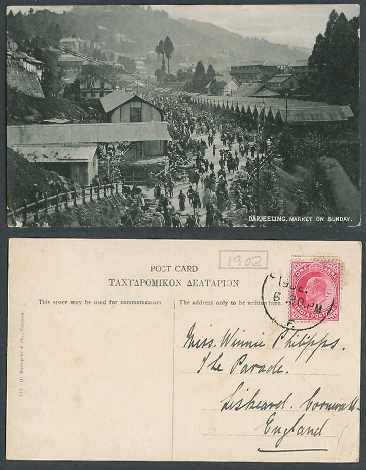 India KE7 1a 1902 Old RP Postcard Darjeeling Market on Sunday Street Scene Hills