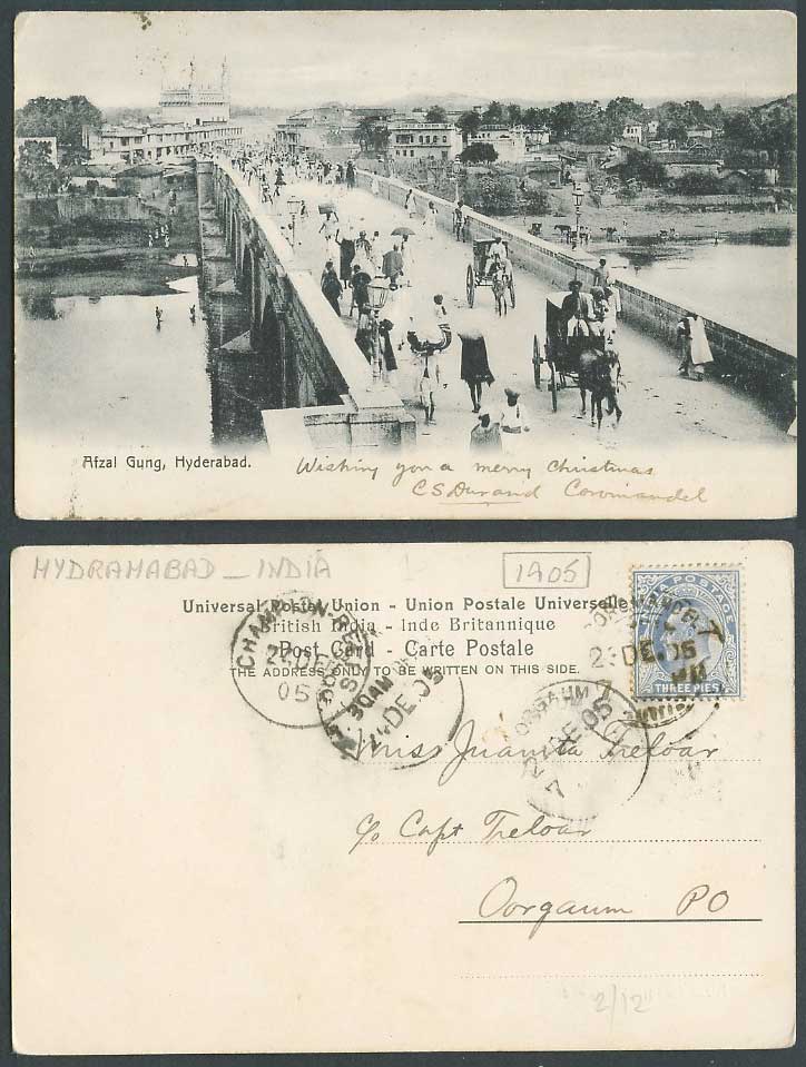 India KE7 3p 1905 Old Postcard Afzal Gung Bridge Hyderabad Afzalgunj River Scene