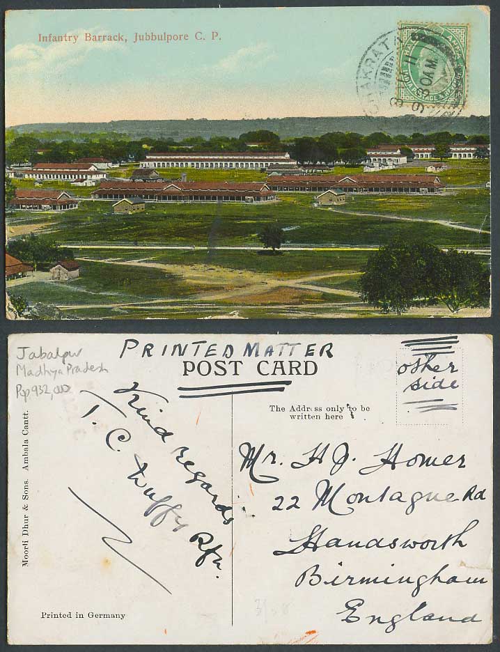 India KE7 1/2a 1911 Old Colour Postcard The Infantry Barrack Jubbulpore C.P.