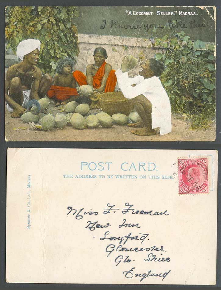 India KE7 1a 1908 Old UB Color Postcard A Cocoanut Seller Madras Coconuts Vendor