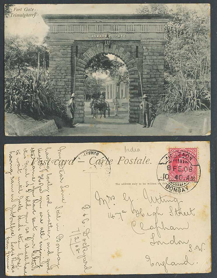 India Sea Post Office Bombay 1908 Old Postcard Laswarrie Fort Gate, Trimulgherry