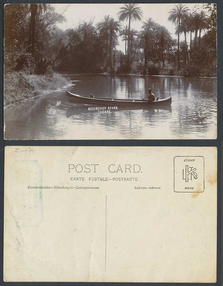 India Old Real Photo Postcard Residency River Indore Native Boat Canoe Palm Tree