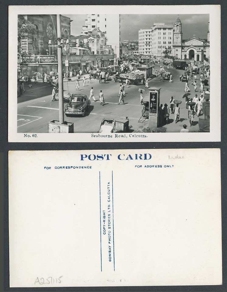India c.1950 Old Real Photo Postcard Brabourne Road Calcutta Church Tea Merchant