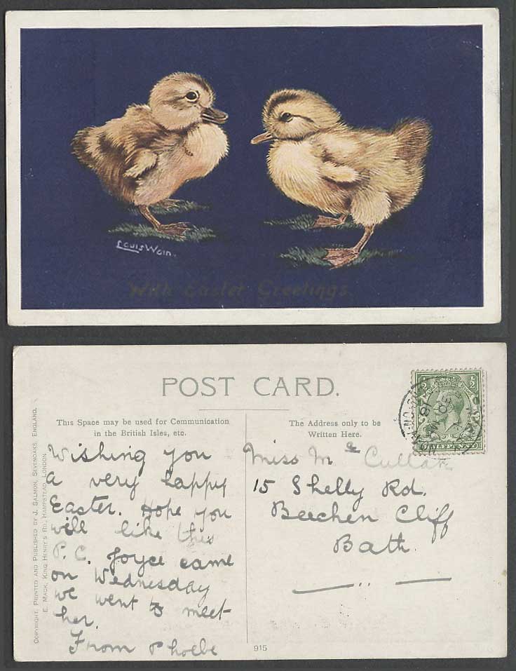 Louis Wain Artist Signed 2 Chicks Birds, With Easter Greetings 1918 Old Postcard