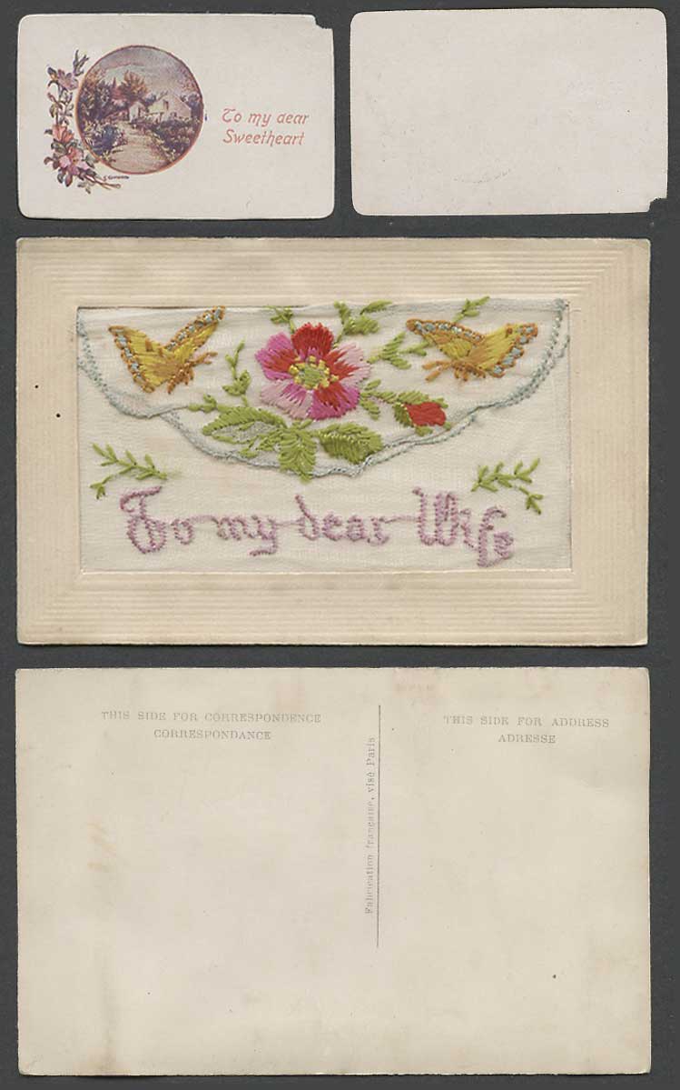 WW1 SILK Embroidered Old Postcard To My Dear Wife Sweetheart, Butterflies Wallet