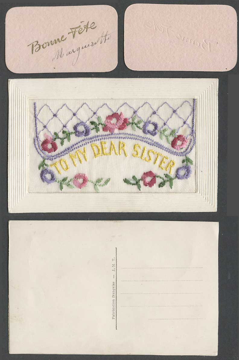 WW1 SILK Embroidered Old Postcard To My Dear Sister Flowers Bonne Fete in Wallet